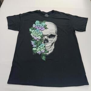 DOM RN#90681 Skull/Flowers Men's Black Cotton Graphic T-Shirt Short Sleeve Large